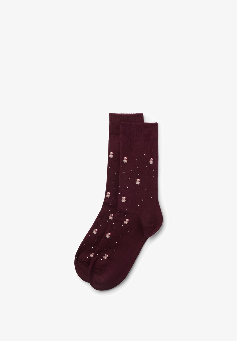 Chaussettes bordeaux en tissu doux ; présentent des motifs floraux et de petits points blancs espacés uniformément. Le bord-côte est côtelé.