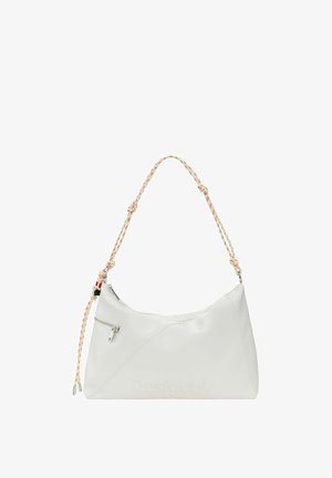 Biela kabelka na rameno s uzlovanou rúčkou z lana a malým vreckom na zips na prednej strane, na spodnej časti je vyrazené meno značky.