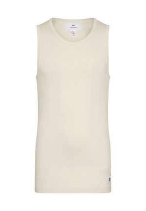 Débardeur beige clair sans manches en tissu côtelé avec un col rond et une petite étiquette à l'ourlet. Design simple et ajusté.