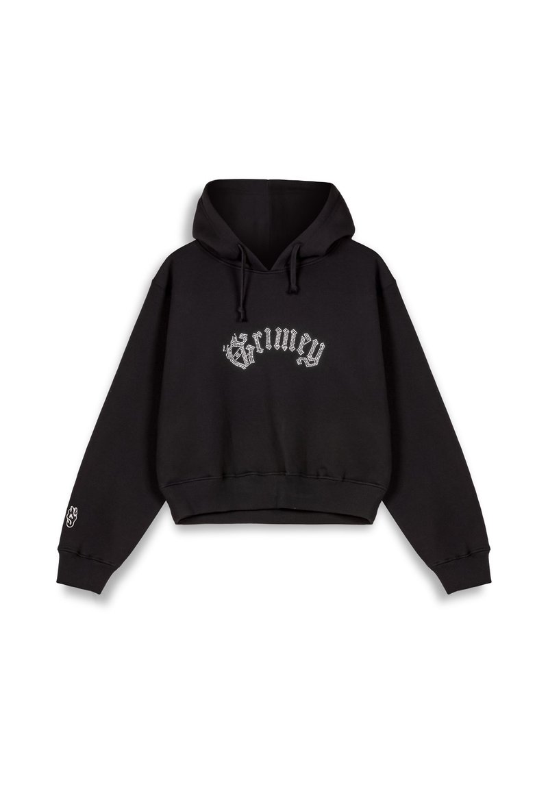 Sudadera corta negra de tejido suave con capucha, cordones y la palabra "Grimey" impresa en strass blancos en la parte delantera.