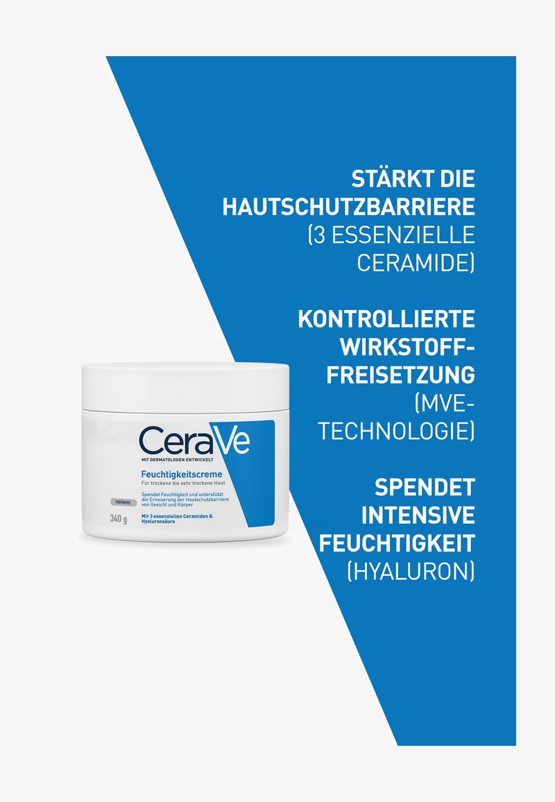 CeraVe moisturizing cream jar with text highlighting skin barrier support, controlled ingredient release, and intense hydration with ceramides and hyaluronic acid.