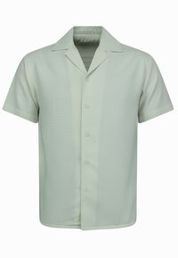 Korte mouw button-up shirt in lichtgroen met een gestructureerd patroon en contrasterende verticale strepen. Bevat een gekarteld kraag en vijf knopen.