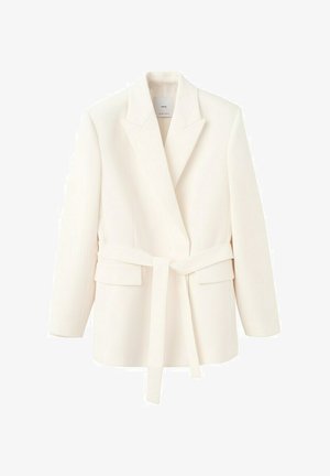 Cream-colored tailored blazer with notch lapels, long sleeves, front flap pockets, and a matching belt tied at the waist.