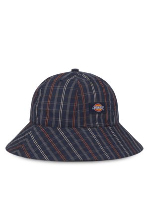 Bucket hat in navy plaid, featuring orange and white stripes. Made from soft fabric with a wide brim. Logo patch on the front.