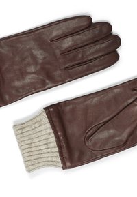 Brown leather gloves with ribbed beige knit cuffs. The gloves have a smooth texture, three seams on the fingers, and a classic design.