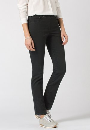 Zwarte denim jeans met vijf zakken, een rechte pijpdesign en een middelhoge taille. Draagt het met lichtgrijze sneakers en een witte blouse.