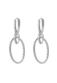 Silberne Ohrringe mit einem Ringdesign, ausgestattet mit funkelnden klaren Kristallen entlang der äußeren Kanten und einem schwenkbaren Verschluss für sicheren Halt.