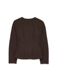 Brūns, piegulošs garo piedurkņu tops, izgatavots no teksturēta auduma, ar noapaļotu kakla izgriezumu un šuvju detaļām jostas vietā. Parādīta aizmugures skats.