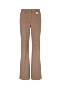 Bruine geruite flare-broek gemaakt van textiel met een gestructureerde stof, voorzien van een subtiele gouden hardwareaccent en een klassiek taillebandontwerp.