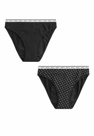Schwarze Baumwollslips mit weißem "NEXT"-Logo am Bund; einer einfarbig, der andere gemustert mit kleinen weißen Herzen auf schwarzem Hintergrund.