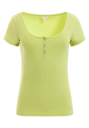 Haut à manches courtes côtelé en vert clair, avec un décolleté en forme de scoop et trois boutons décoratifs à l'avant, avec un logo discret dans l'ourlet.