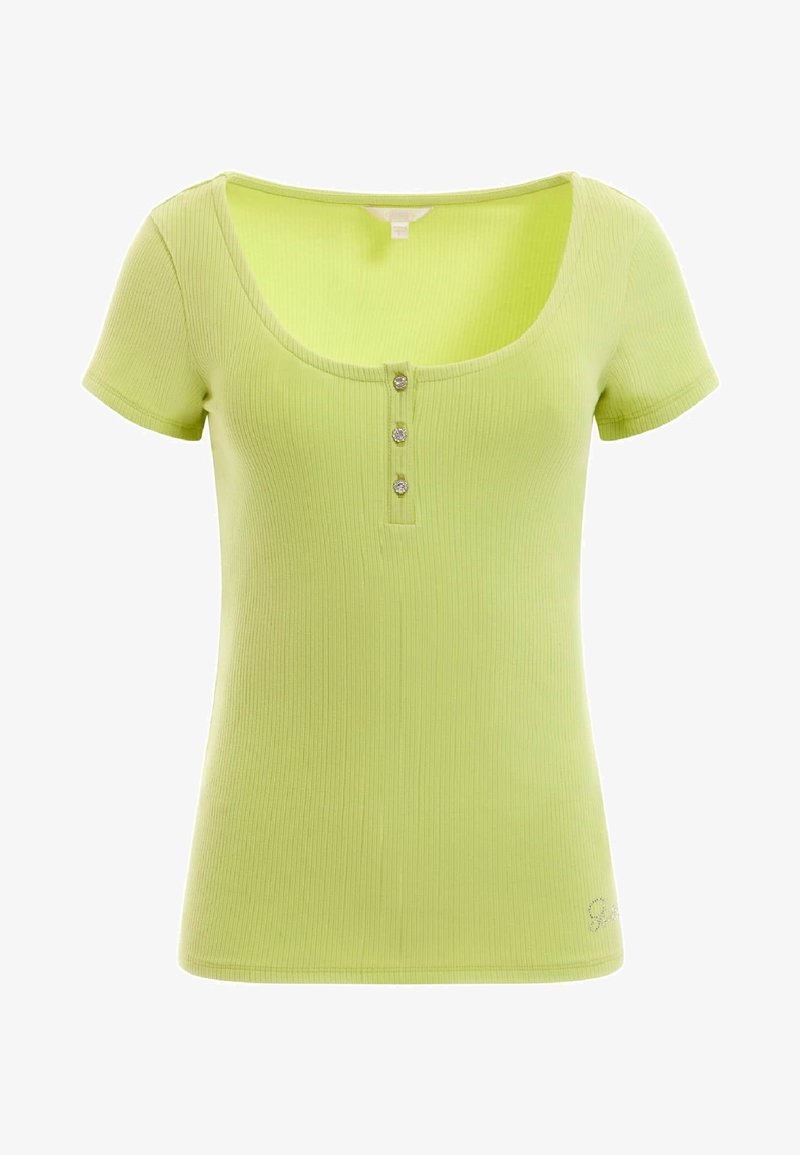 Ribbed top z krótkim rękawem w jasnym zielonym kolorze, z dekoltem w serek i trzema ozdobnymi guzikami z przodu, z subtelnym logo na dolnym brzegu.