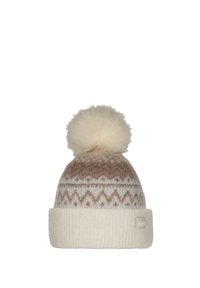 Gehaakte beanie in crème en lichtbruin, met een geometrisch patroon. Ribgebreid manchet en een fluffy pompon bovenop. Zachte textuur.