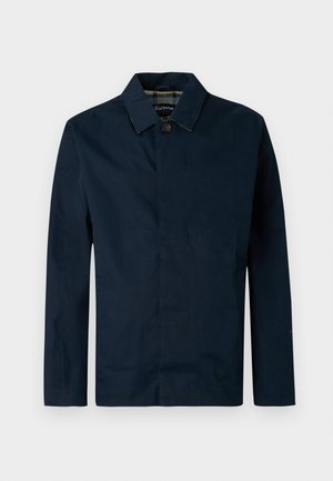 Navy blue waterproof jacket with a straight cut, pointed collar, single button closure, and slanted side pockets. Smooth, matte texture.