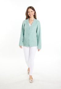 Cardigan in verde menta lavorato a maglia con scollo a V, cinque bottoni sul davanti e maniche lunghe, indossato sopra pantaloni bianchi. Texture liscia.