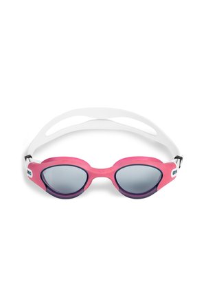 Occhialini da nuoto rosa e bianchi con lenti specchiate e cinturino bianco sdoppiato, mostrati su sfondo bianco semplice.