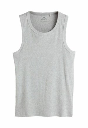 Grå ærmeløs tanktop med rund hals i almindelig pasform med ribstrikket tekstur, størrelse medium, fremstillet i Bangladesh.