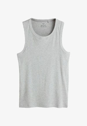 Graues ärmelloses Tanktop mit Rundhalsausschnitt in regulärer Passform mit gerippter Strickstruktur, Größe M, hergestellt in Bangladesch.