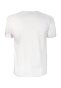 Camiseta de algodón blanca con escote redondo y mangas cortas. Presenta un diseño liso con una textura suave, sin patrones ni acentos visibles.