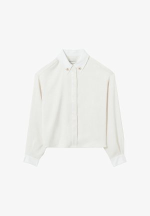 Chemise blanche courte à manches longues avec col boutonné et poignets boutonnés, présentée à plat sur fond blanc.