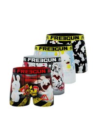 Quatre paires de boxers pour homme présentant divers motifs de lapins de dessin animé, des couleurs vives et une marque élastique "FREEGUN" sur les ceintures.