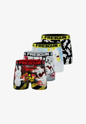 Quatre paires de boxers pour homme présentant divers motifs de lapins de dessin animé, des couleurs vives et une marque élastique "FREEGUN" sur les ceintures.