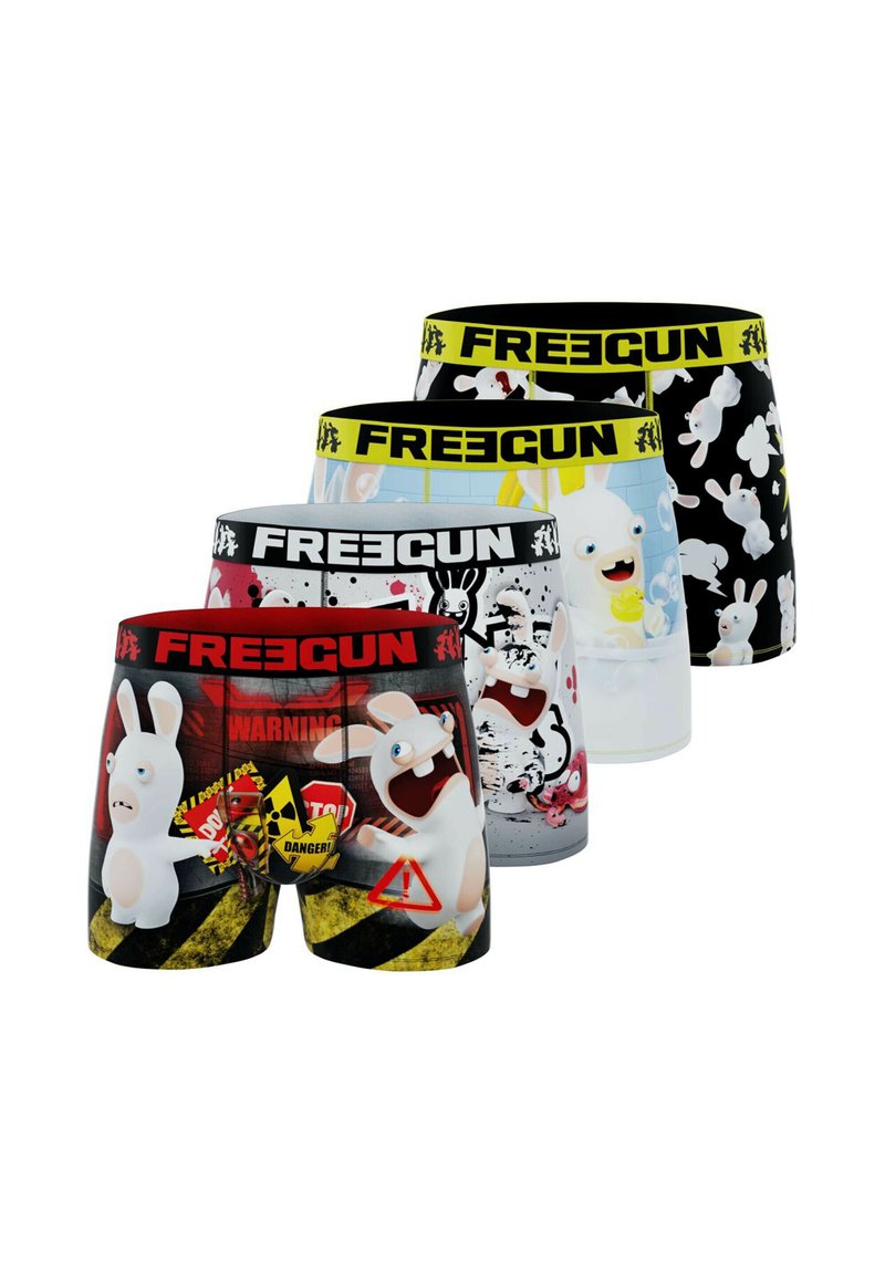 Quatre paires de boxers pour homme présentant divers motifs de lapins de dessin animé, des couleurs vives et une marque élastique "FREEGUN" sur les ceintures.