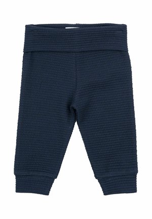 Pantalones para niño de color azul marino con textura de gofre, con una amplia cintura elástica y puños ajustados en los tobillos. Sin patrones visibles ni acentos de hardware.