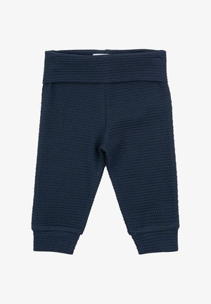Námornícke modré nohavice pre batoľatá s textúrou vafle, so širokým elastickým pásom a priliehavými manžetami na členkoch. Žiadne viditeľné vzory ani kovové doplnky.