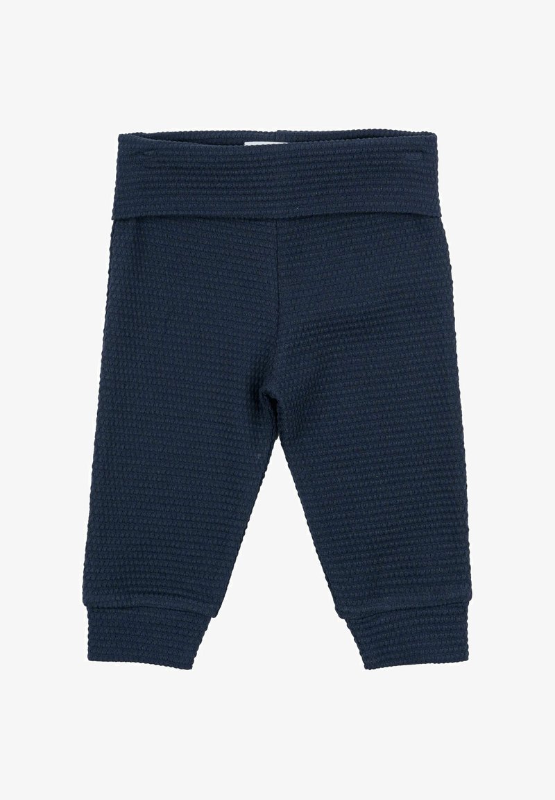 Jūras zila vafeles tekstūras toddler bikses ar plašu elastīgu jostu un pieguļošām aprocēm pie potītēm. Nav redzamu rakstu vai aparatūras akcentu.