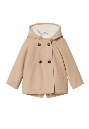 Manteau beige croisé à capuche avec doublure en fausse fourrure, deux poches avant et fermeture boutonnée.