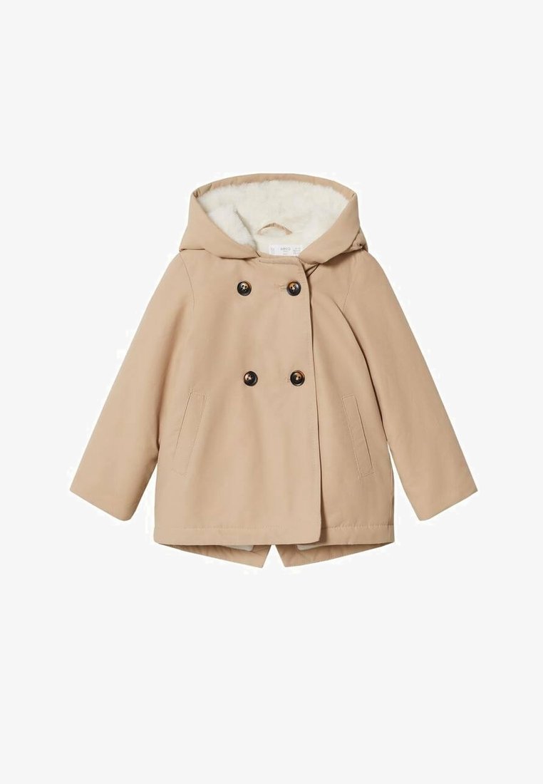 Manteau beige croisé à capuche avec doublure en fausse fourrure, deux poches avant et fermeture boutonnée.