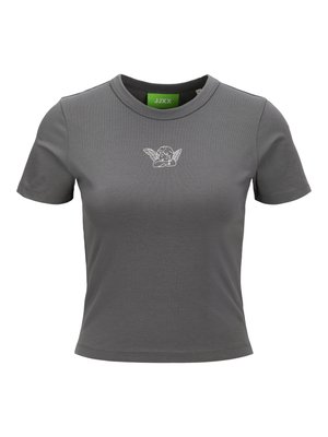 Grå kortermet T-skjorte laget av bomull, med et tettsittende design og en liten hvit engelgrafikk på brystet. Grønn merkeetikett synlig.