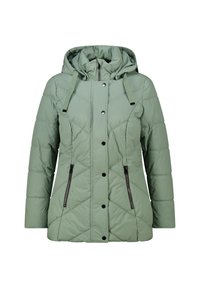 Lichtgroene pufferjack met een capuchon, voorzien van ruitvormige quilting, zwarte ritszakken en drukknopen. Glad textuur.