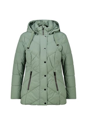 Lichtgroene pufferjack met een capuchon, voorzien van ruitvormige quilting, zwarte ritszakken en drukknopen. Glad textuur.