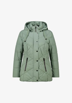 Lichtgroene pufferjack met een capuchon, voorzien van ruitvormige quilting, zwarte ritszakken en drukknopen. Glad textuur.