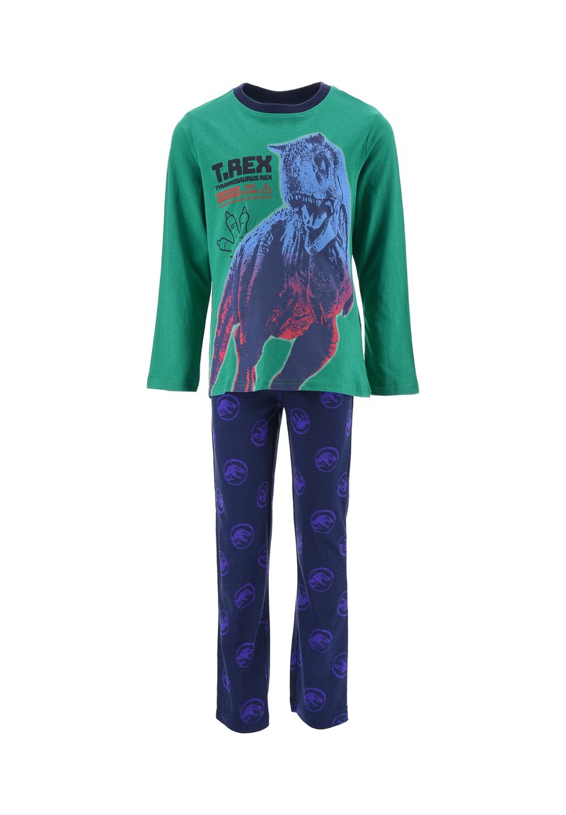 Green long-sleeve shirt with T. rex graphic, paired with navy pants featuring purple dinosaur silhouettes. Cotton blend, casual fit.