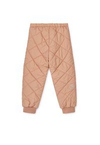 Quilted, light pink pants with elastic waistband and cuffed ankles. Features diamond pattern and small logo detail on the side.