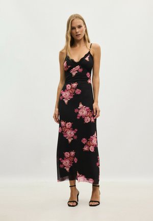 Stradivarius, PRINTED TULLE MIDI DRESS WITH LACE TRIM - Robe longue - black