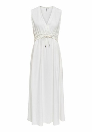 Vestido maxi blanco sin mangas con escote en V, cintura fruncida con cordón ajustable y terminales metálicos.