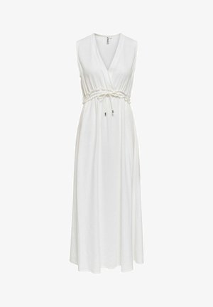 Ärmelloses weißes Maxikleid mit V-Ausschnitt, geraffter Taille mit verstellbarem Kordelzug und Metallenden.