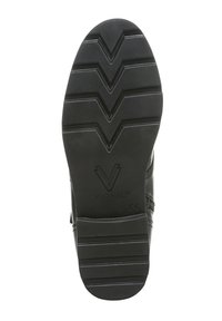 Semelle noire de chaussure avec un motif de bande en zigzag. Présente un logo en relief "VIONIC" près du talon et est fabriquée en un matériau en caoutchouc noir stable.