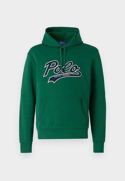 Felpa verde in cotone, con grande logo "Polo" blu navy e crema. Include una tasca a marsupio e polsini a coste.