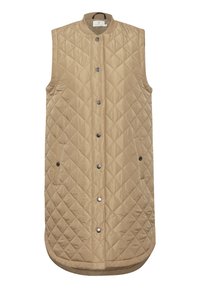 Quilted vest in beige with a high collar, front snap buttons, two side pockets, and a rounded hem. Smooth, lightweight fabric texture.