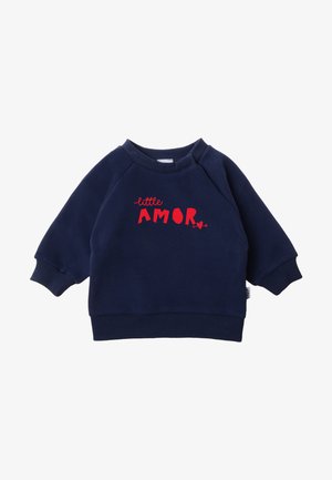 Navy blue sweatshirt with red "little AMOR" text. Features ribbed cuffs and hem, soft fabric, and raglan sleeves for comfort.