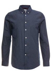 Marinblå långärmad skjorta med knappar, med ett litet geometriskt mönster och krage med knappar.