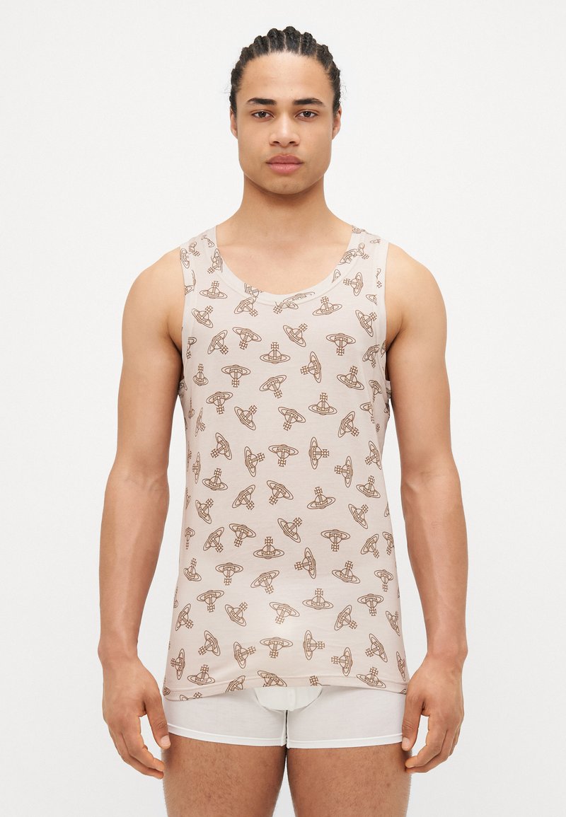 Beige Tanktop mit einem wiederholten braunen Grafikmuster aus abstrakten Formen. Hergestellt aus leichtem Stoff, mit Rundhalsausschnitt und ärmellosem Design.