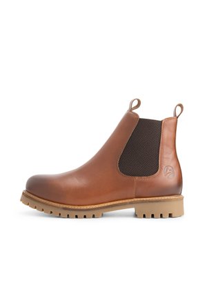 Bruine leren Chelsea-boot met elastische zijpaneel, trekflappen op de hiel en tong, en stevige rubberen zool.
