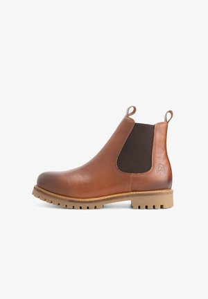 Brown leather Chelsea boot with elastic side panel, pull tabs on heel and tongue, and rugged rubber sole.