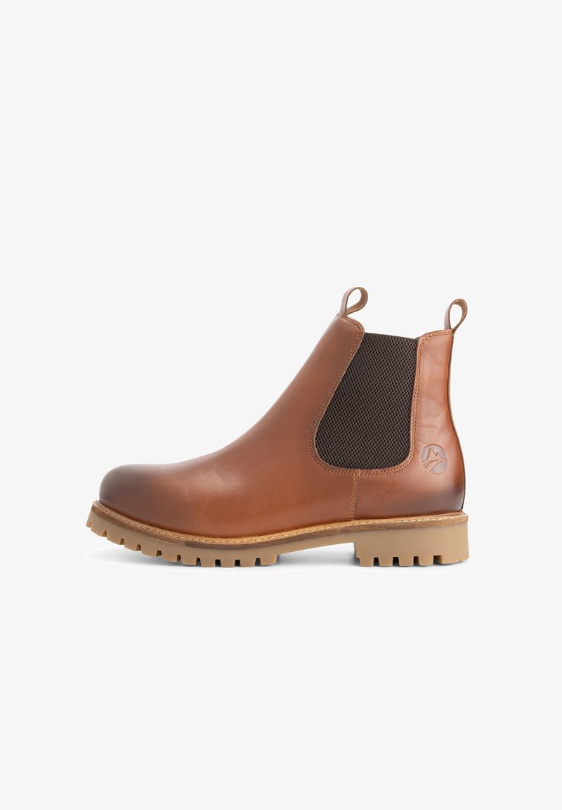 Brown leather Chelsea boot with elastic side panel, pull tabs on heel and tongue, and rugged rubber sole.